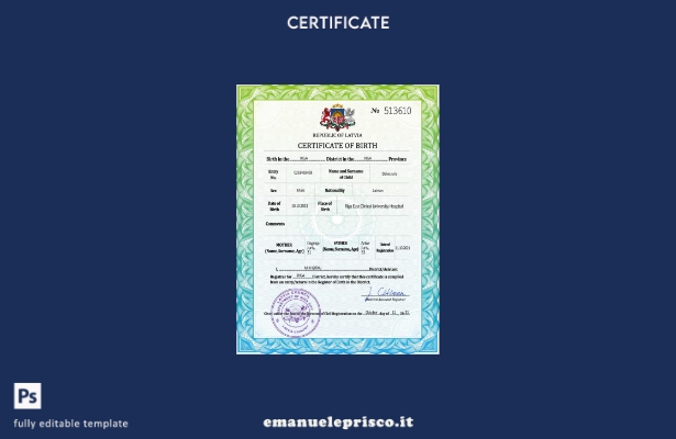 modello PSD del certificato di nascita dello stato civile della Lettonia in stil